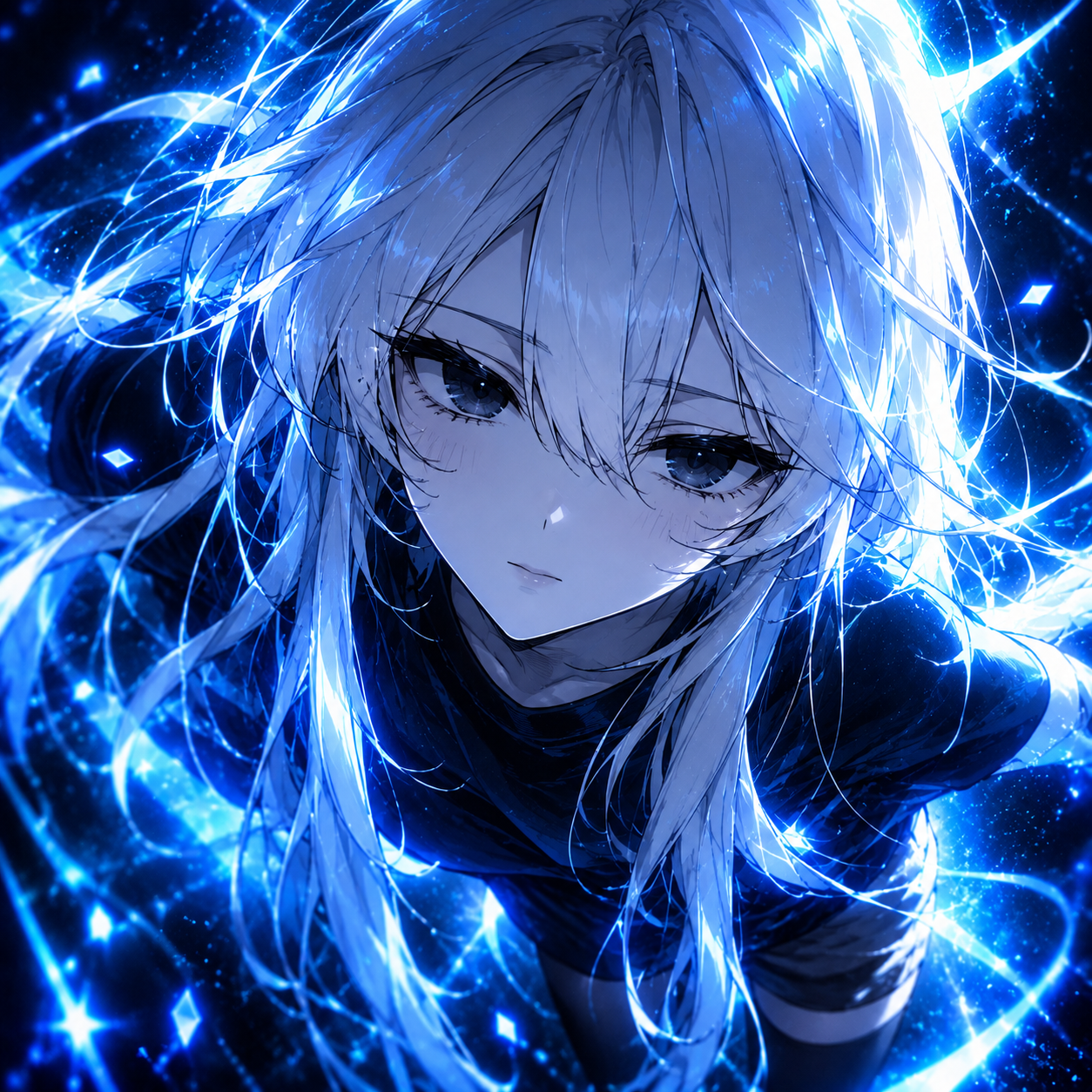 Character portrait artwork with anime-inspired styling and electric cyan backlight.
